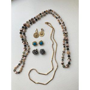 Vintage Jewelry Lot w 3 Sets Clip On Earrings & 2 Long Art Deco Beaded Necklaces